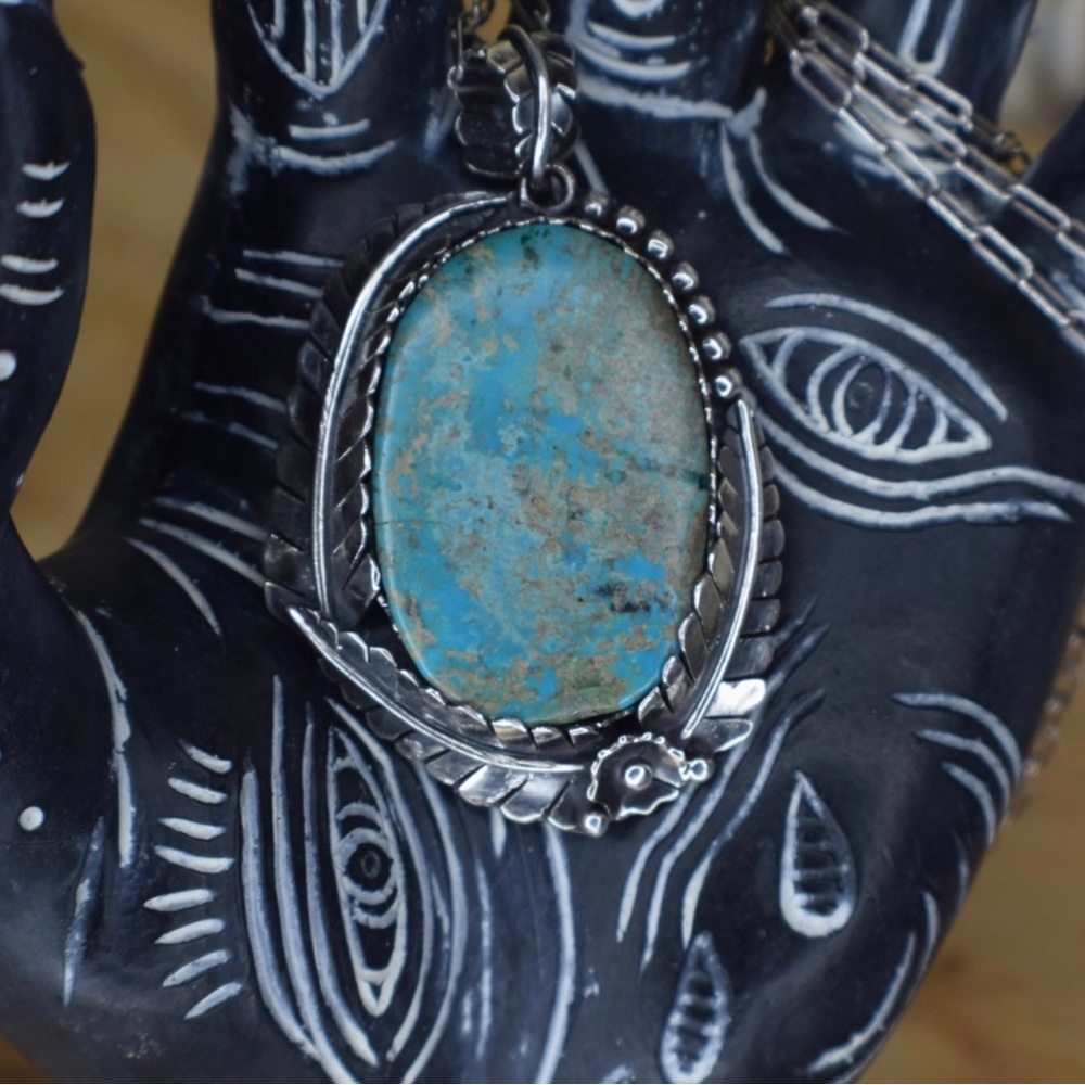 Boho South Western Fern Leaf Sterling Silver & Turquoise Large Pendant 🌿 - Picture 5 of 13